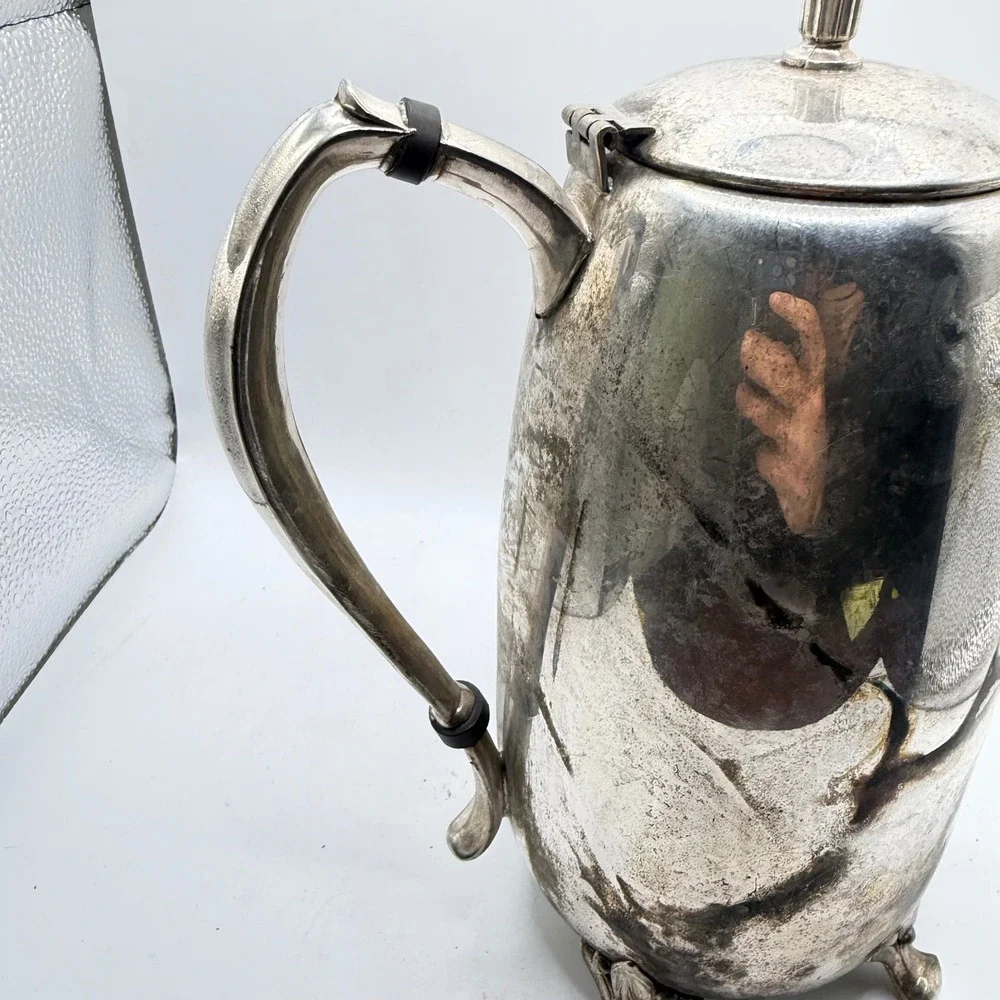 Vintage Silver Plated Coffee Pot‎ Footed Tea Pot Ornate Hinged Lid Tarnished